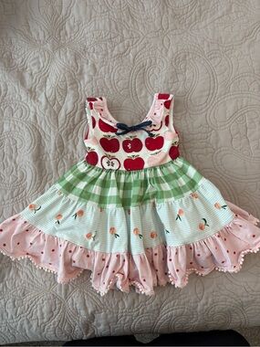 SweetHoney Pink & Green Apple Print Tiered Sundress with Peach Accents